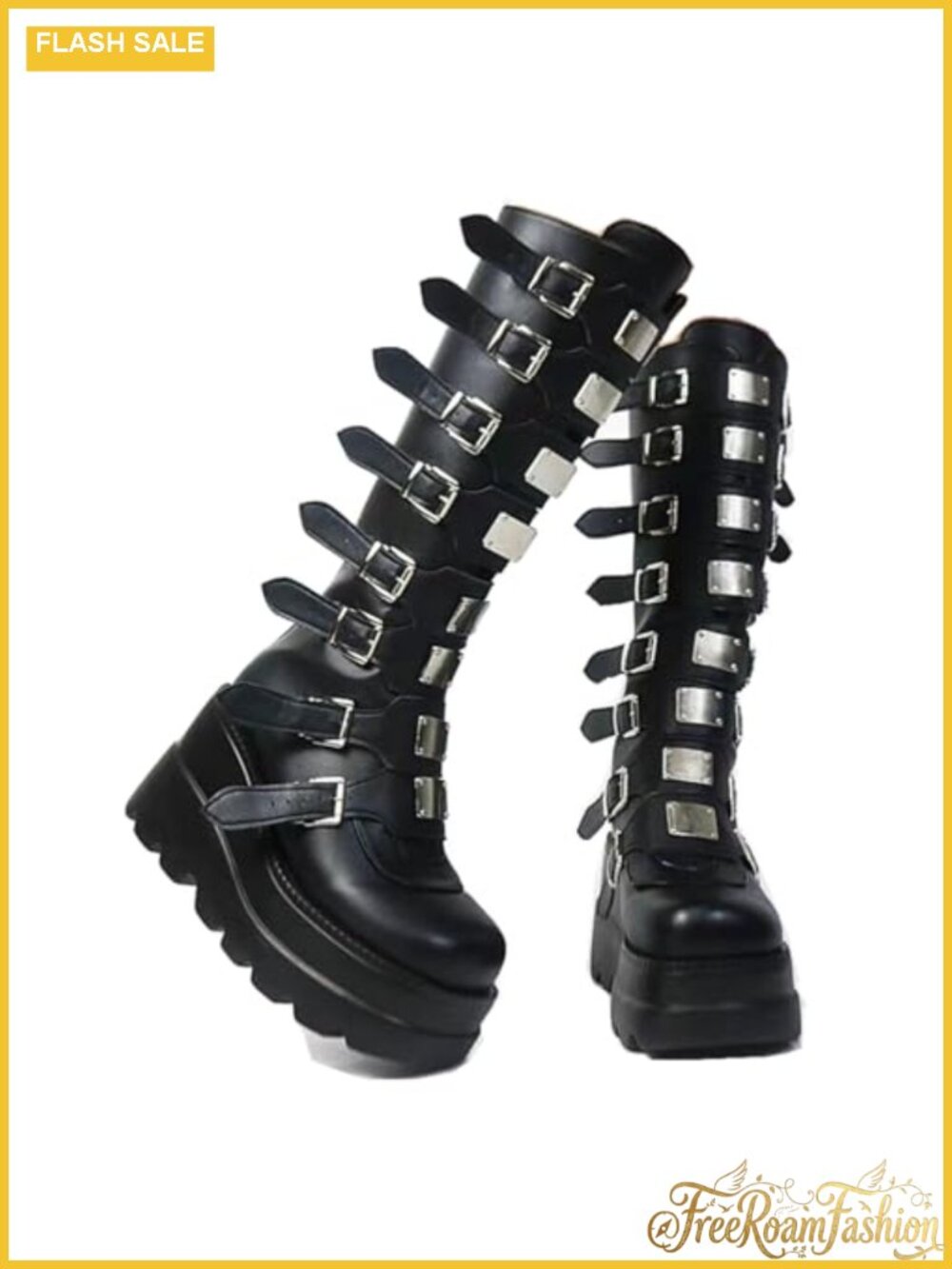 Platform Knee High Boots Chunky Heel Faux Leather Zip Up Buckle Combat Goth Punk